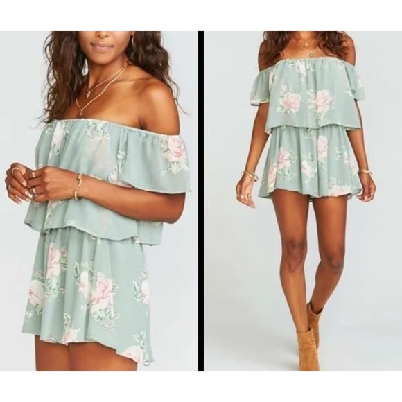 Show Me Your Mumu Off Shoulder Romper Womens XS Blue Pink Floral Boho Festival - Picture 2 of 15